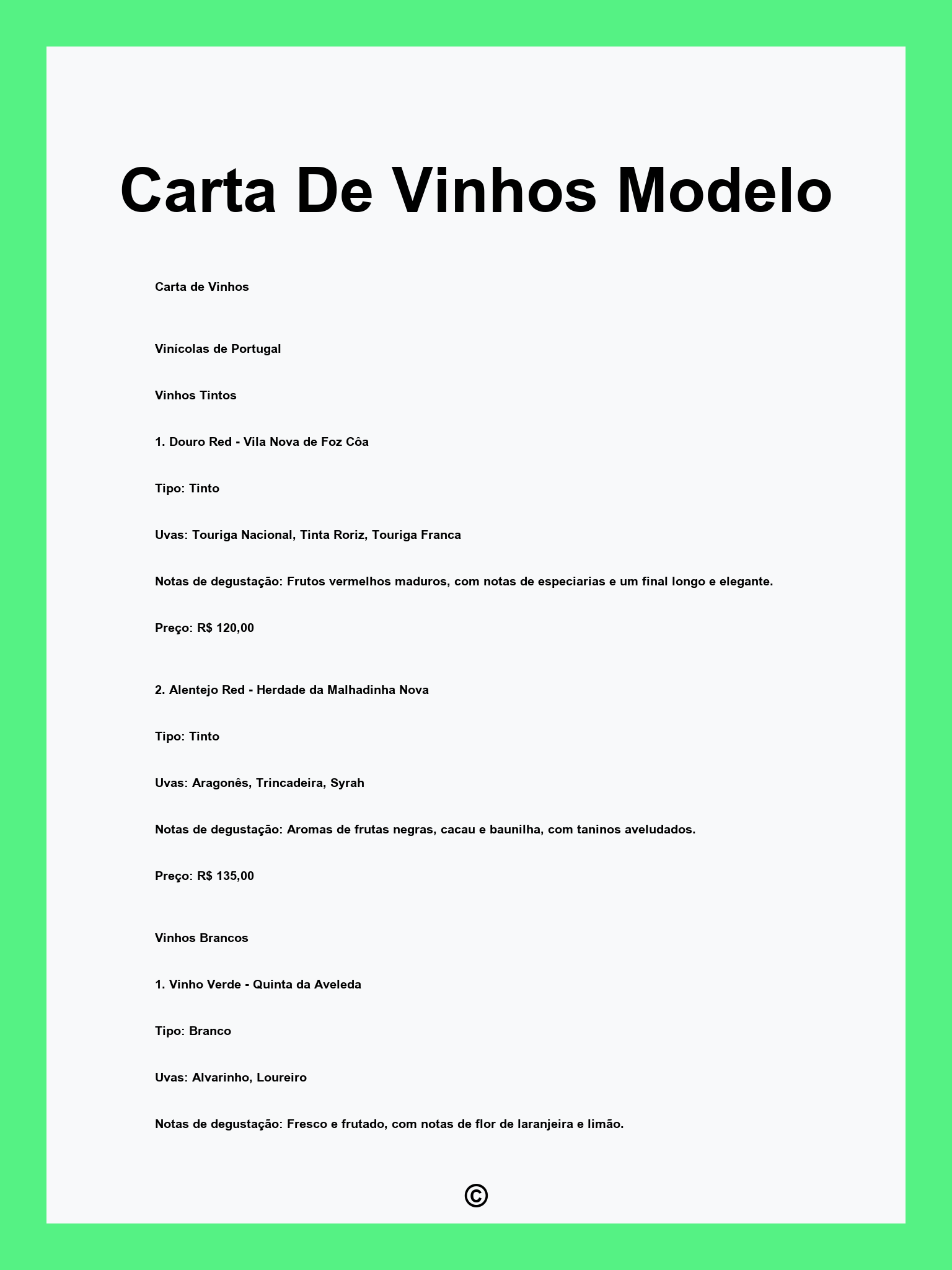 Carta De Vinhos Modelo