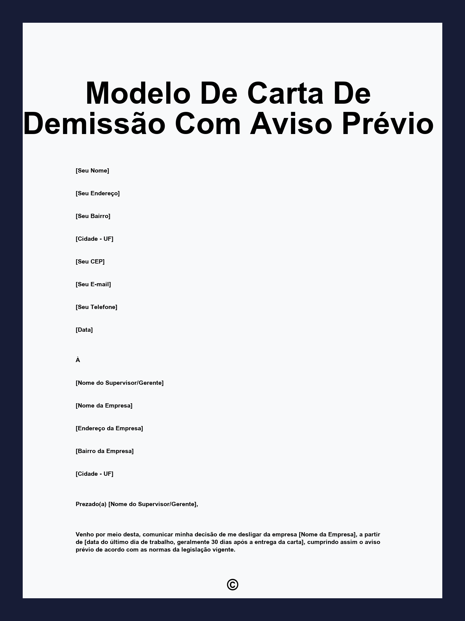 Modelo De Carta De Demissão Com Aviso Prévio