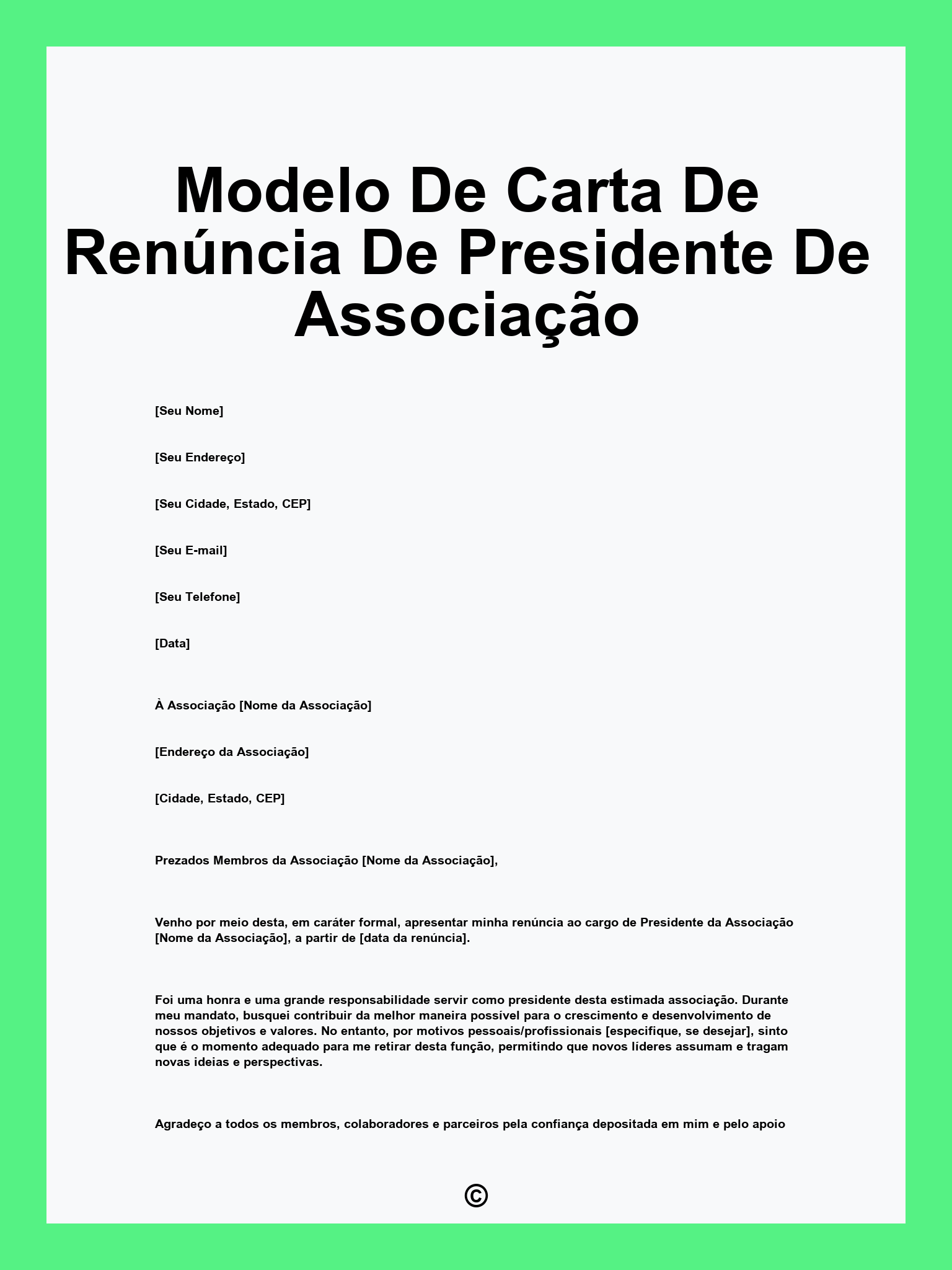 Modelo De Carta De Renúncia De Presidente De Associação